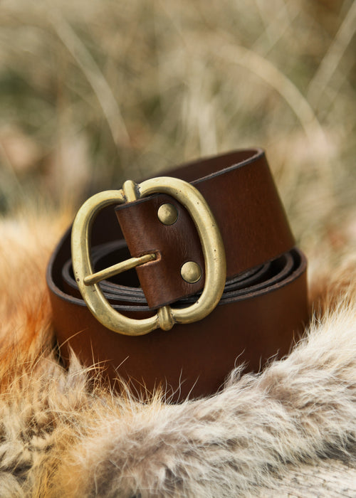 Leather Belt with Brass Buckle — Brown ~135 cm