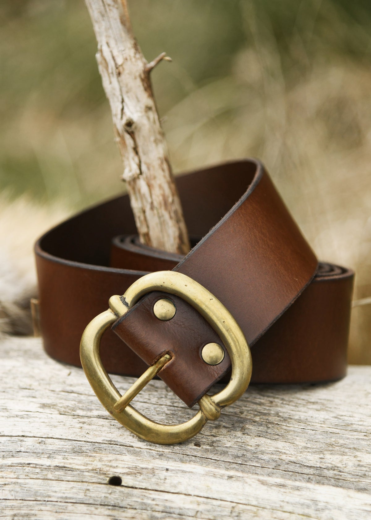 Leather Belt with Brass Buckle — Brown ~135 cm