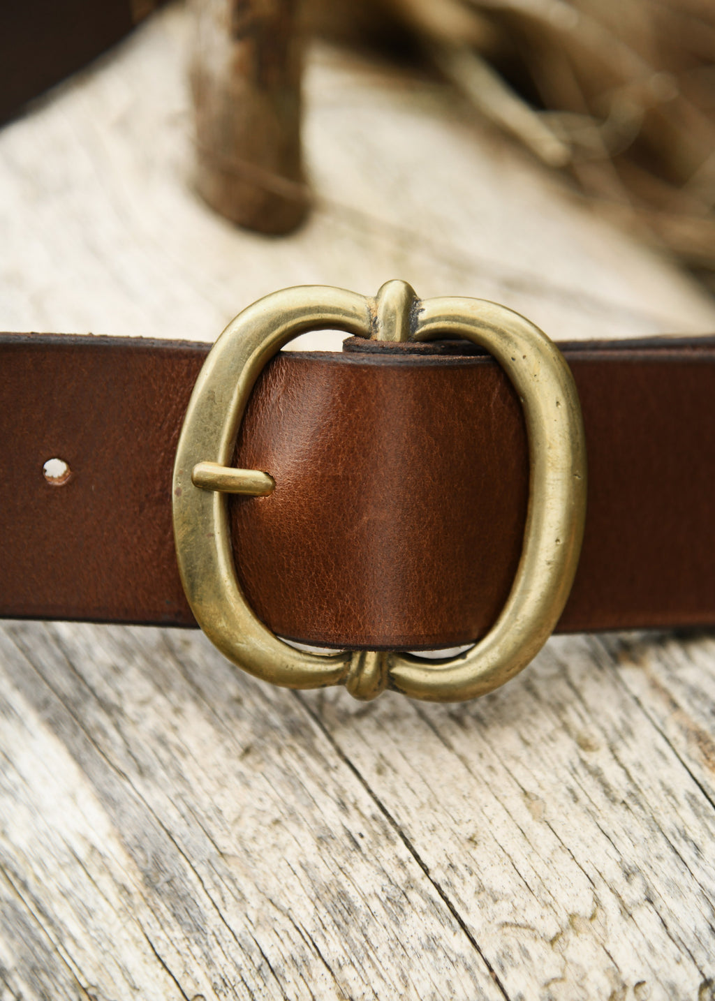 Leather Belt with Brass Buckle — Brown ~135 cm