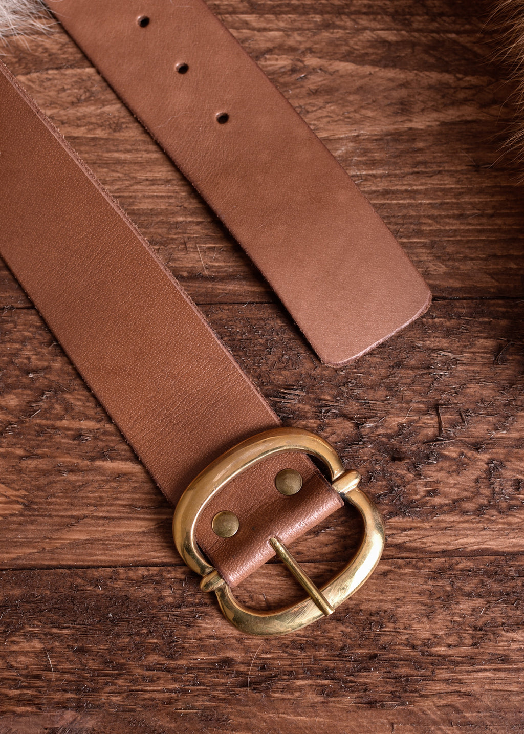 Leather Belt with Brass Buckle — Brown ~135 cm