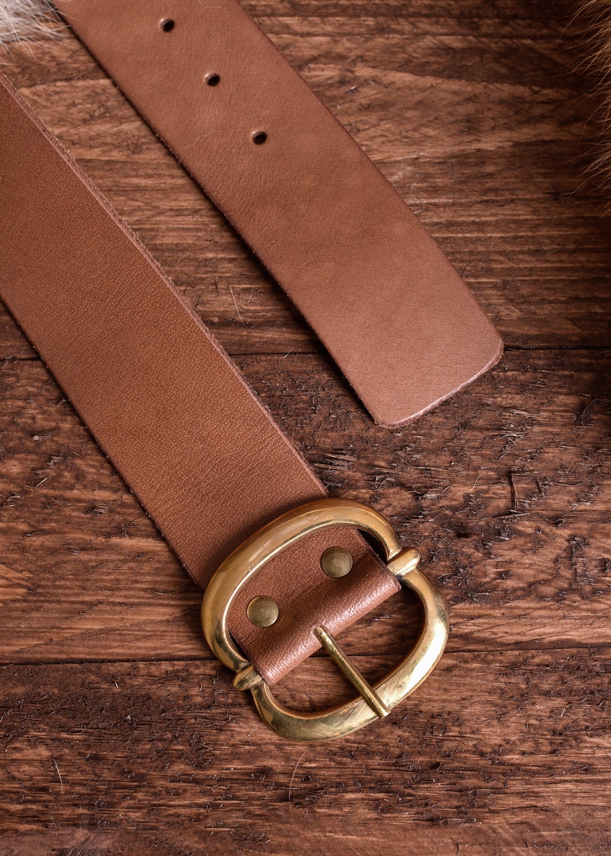 Leather Belt with Brass Buckle — Brown ~135 cm